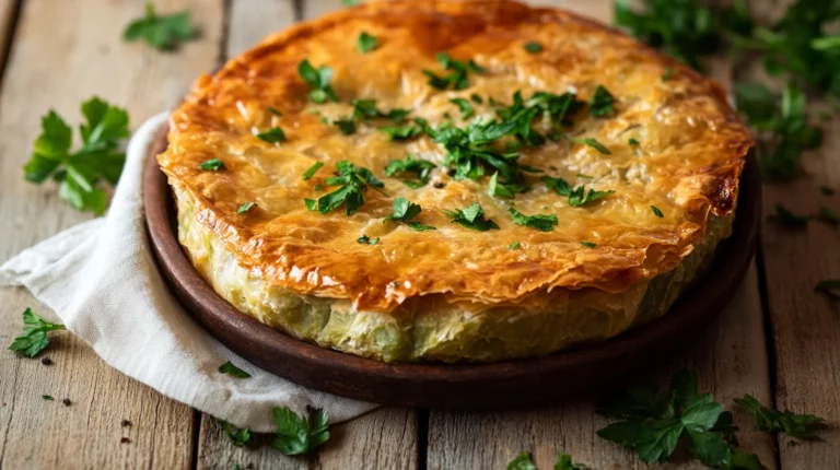 Golden crispy Greek spanakopita with flaky phyllo pastry layers and spinach feta filling on white plate