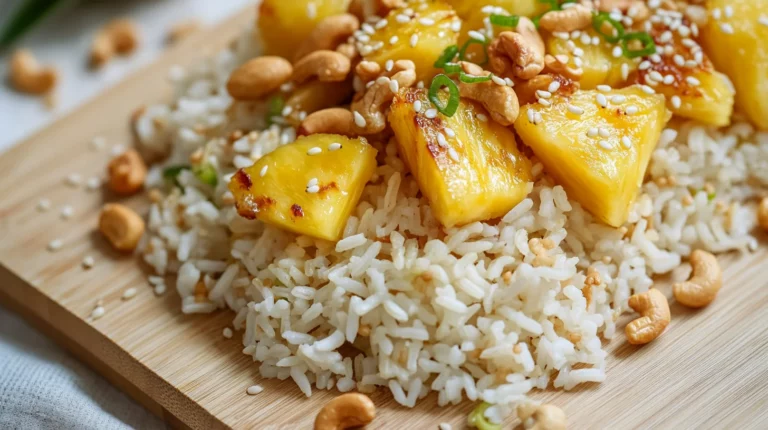 golden pineapple rice with colorful vegetables and shrimp in a pineapple boat