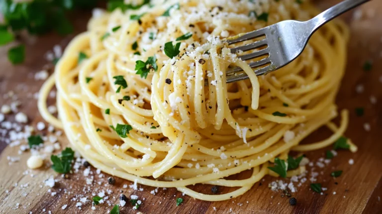 Golden spaghetti aglio e olio with garlic slices and red pepper flakes glistening with olive oil on white plate