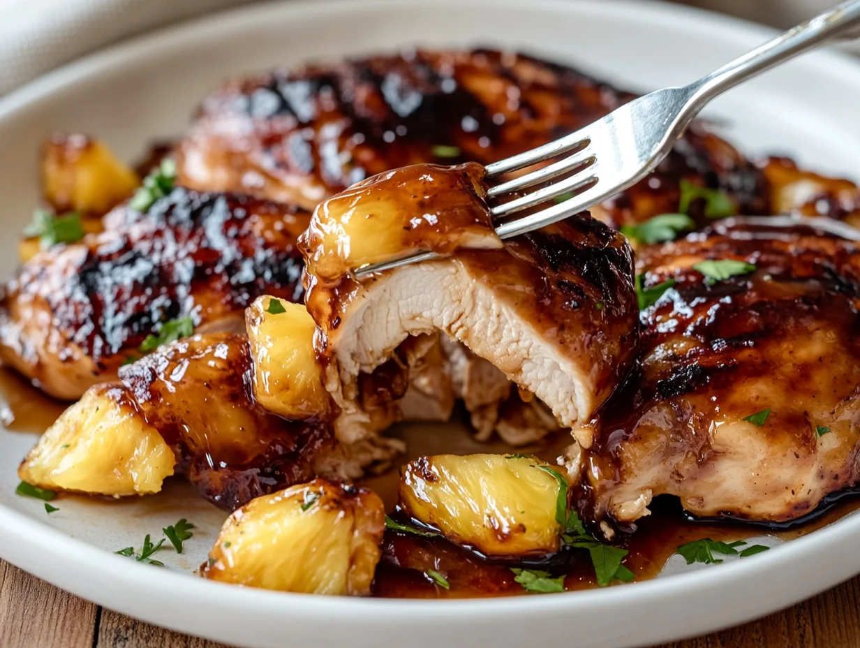 Glazed pineapple teriyaki chicken served over steamed rice with caramelized pineapple chunks and green onions