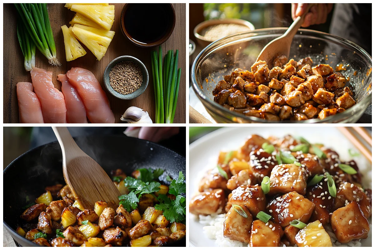 Pineapple teriyaki chicken sizzling in skillet with caramelized glaze and golden pineapple chunks