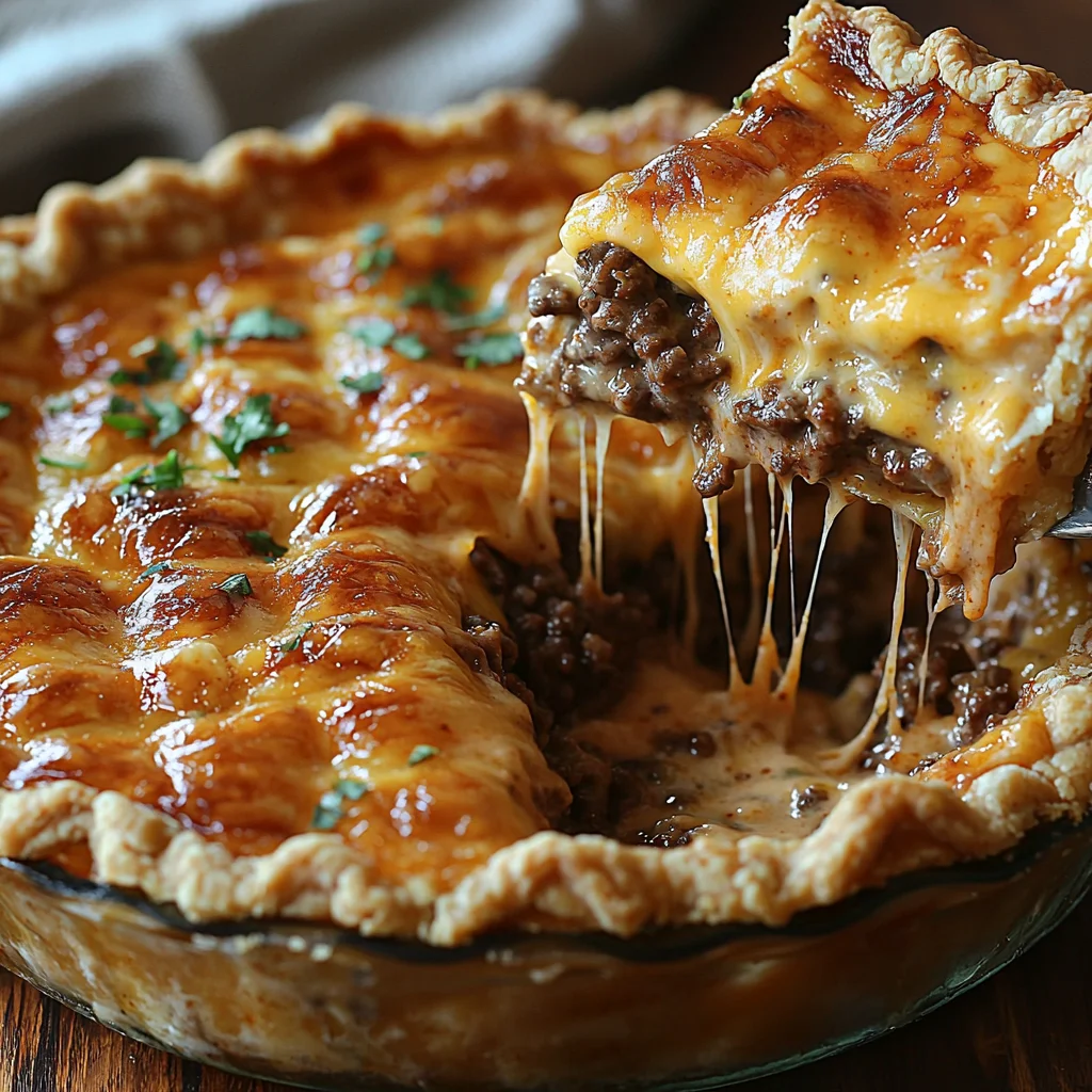Pioneer Woman Cheeseburger Pie with glossy sauce and golden edges in an elegant ceramic dish