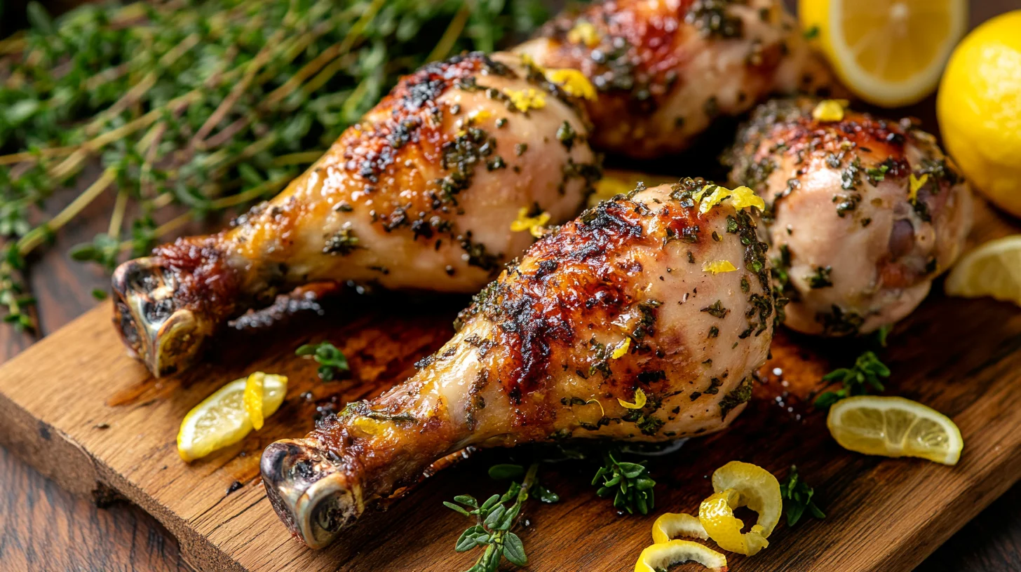 Golden roasted chicken drumsticks with fresh herbs and lemon slices on a white serving platter
