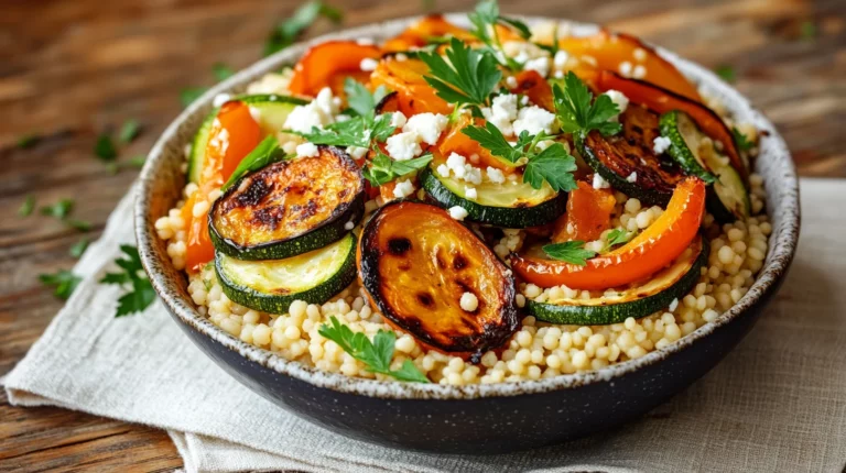Roasted veggie couscous bowl with colorful bell peppers, zucchini, and fluffy couscous in white ceramic bowl
