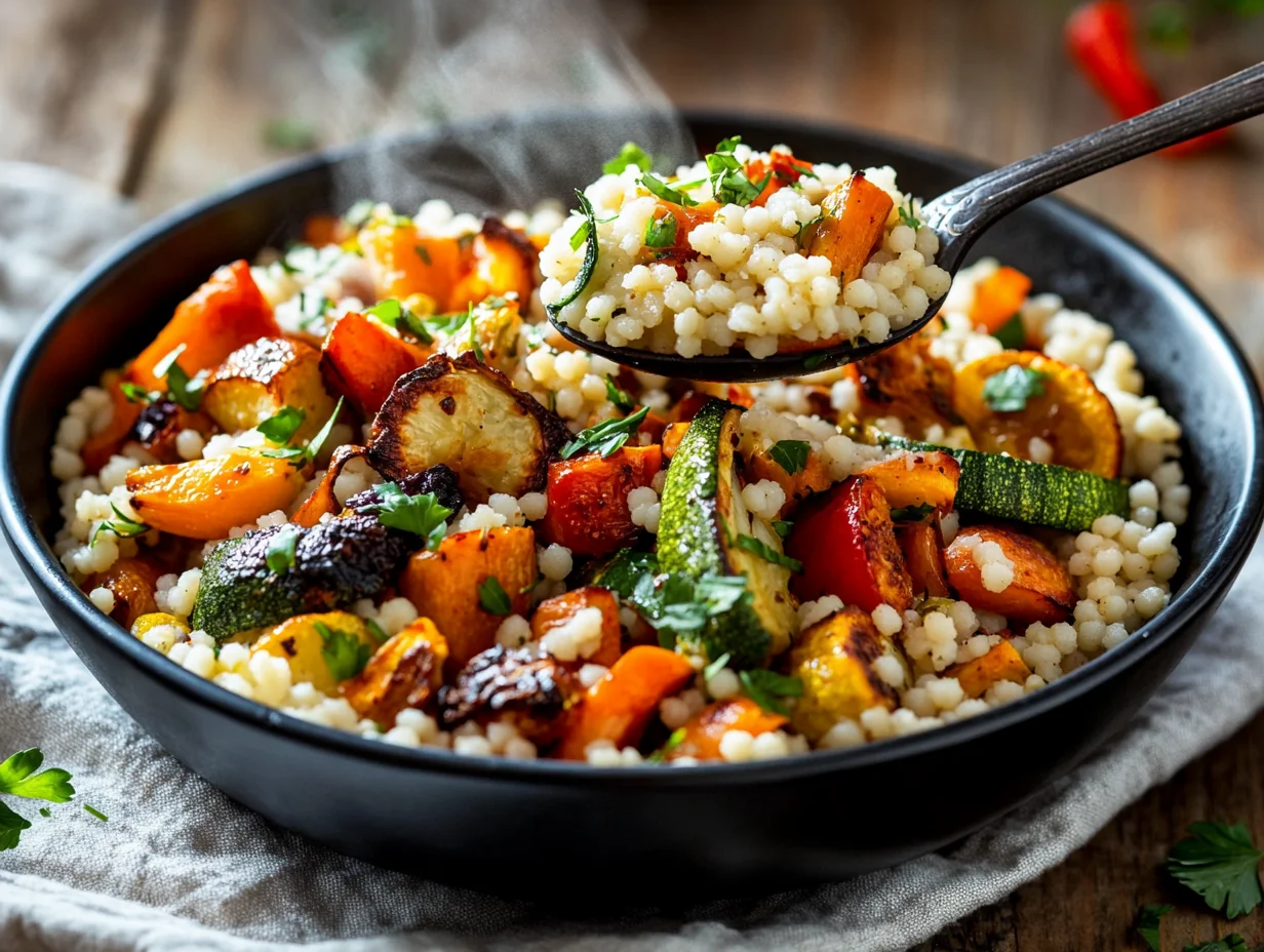Colorful roasted veggie couscous bowl with vibrant vegetables and fresh herbs