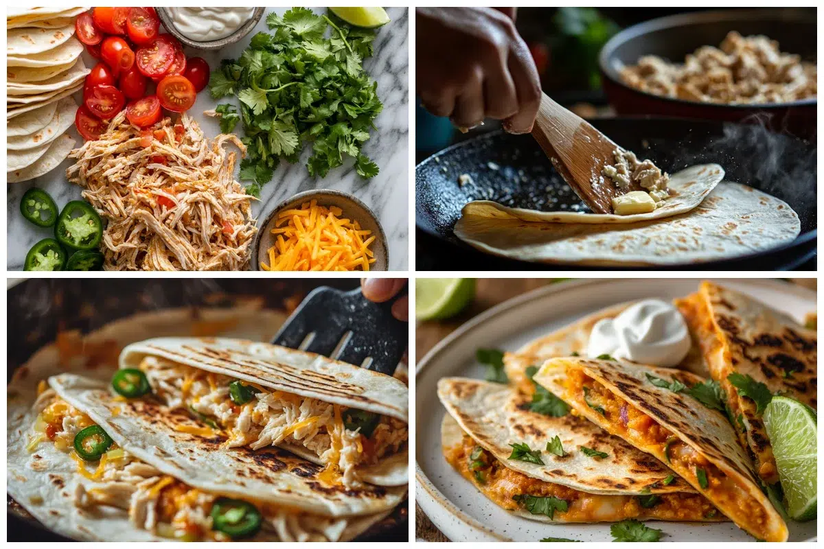 Shredded rotisserie chicken being mixed with melted cheese and spices in a large mixing bowl for quesadillas