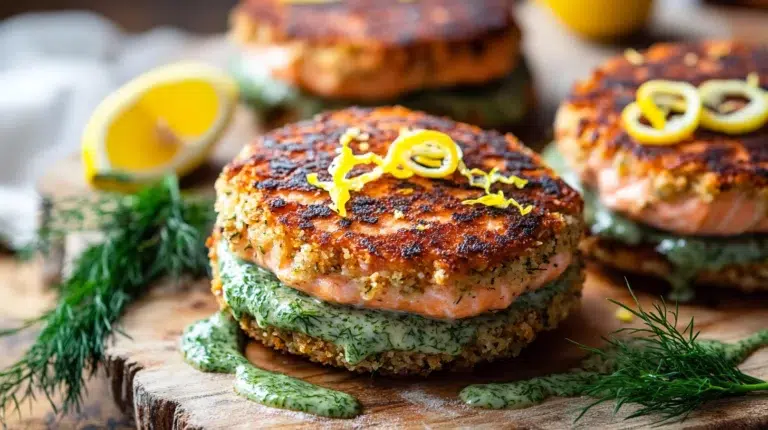 Grilled salmon burgers topped with creamy lemon-dill sauce on toasted buns with fresh lettuce and tomato slices