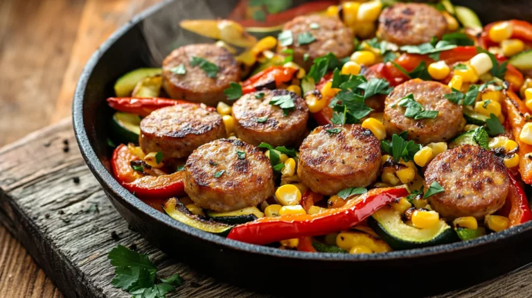 Sausage and Veggies Skillet with Bell Peppers, Zucchini, and Corn sizzling in a pan