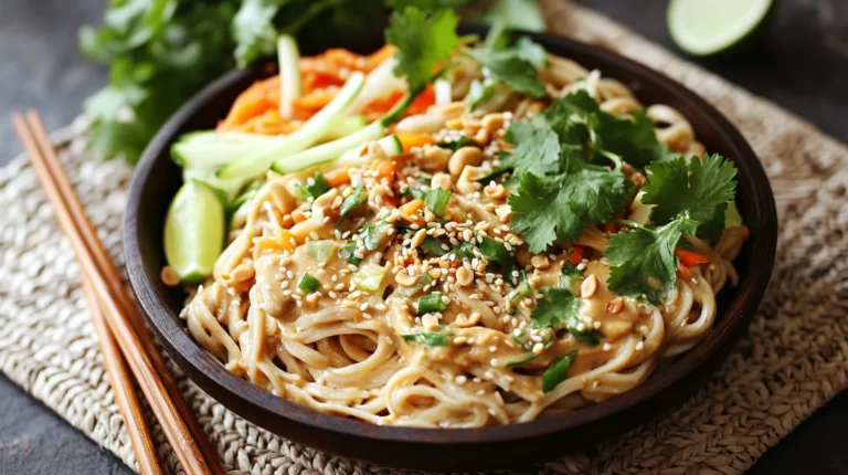 Colorful sesame peanut noodle salad with julienned vegetables, crushed peanuts, and sesame seeds in a white bowl