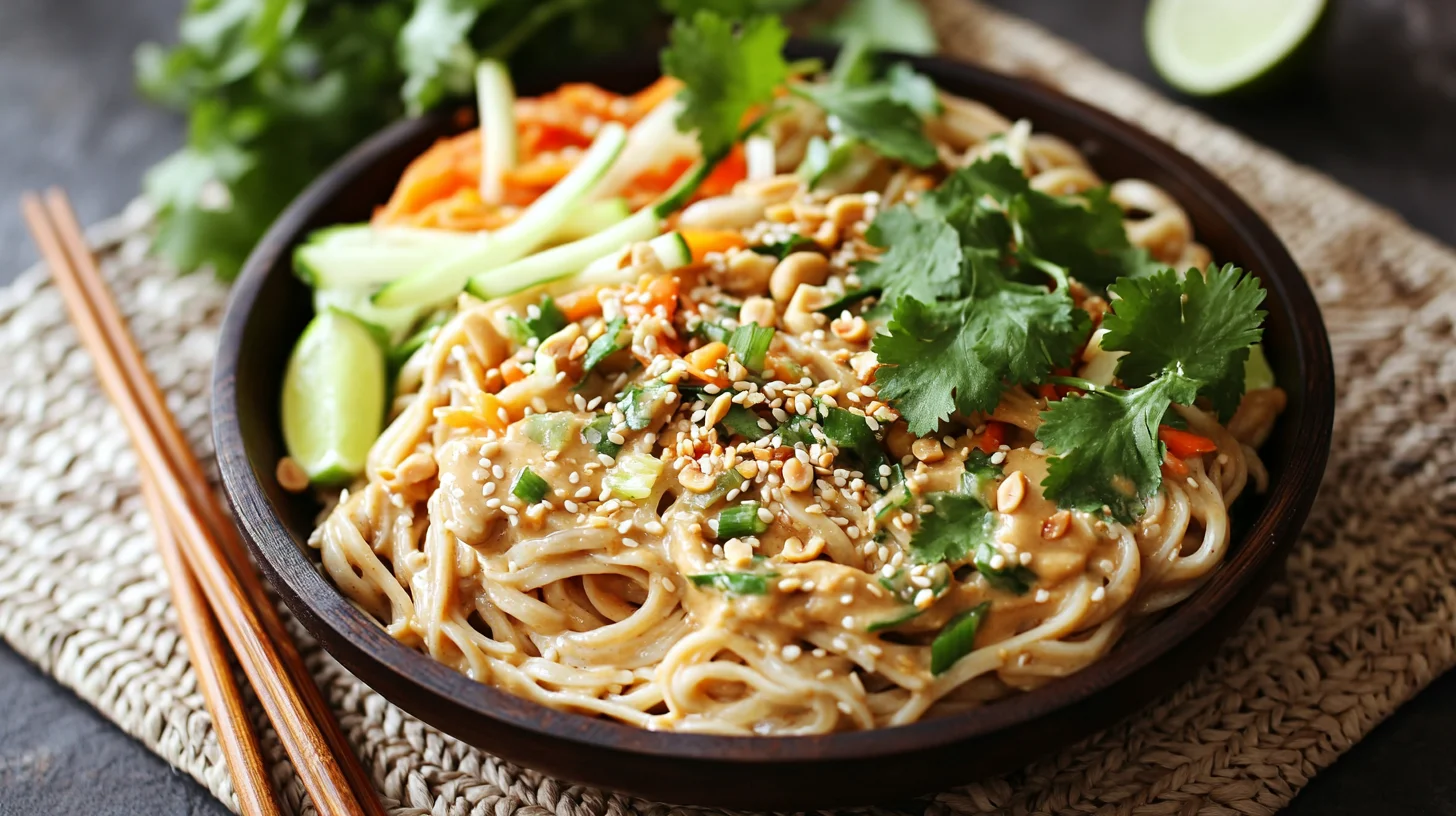 Colorful sesame peanut noodle salad with julienned vegetables, crushed peanuts, and sesame seeds in a white bowl