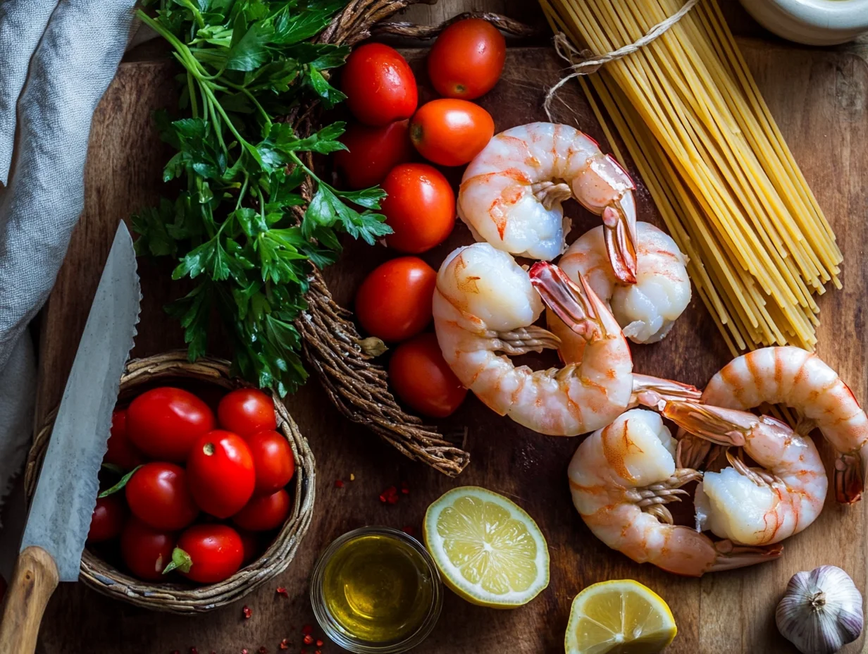 Fresh raw shrimp, crushed red pepper flakes, garlic cloves and cherry tomatoes for shrimp fra diavolo recipe