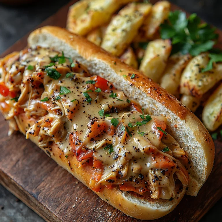 Slow cooker chicken philly sandwich with melted cheese and peppers on toasted hoagie roll with creamy sauce dripping