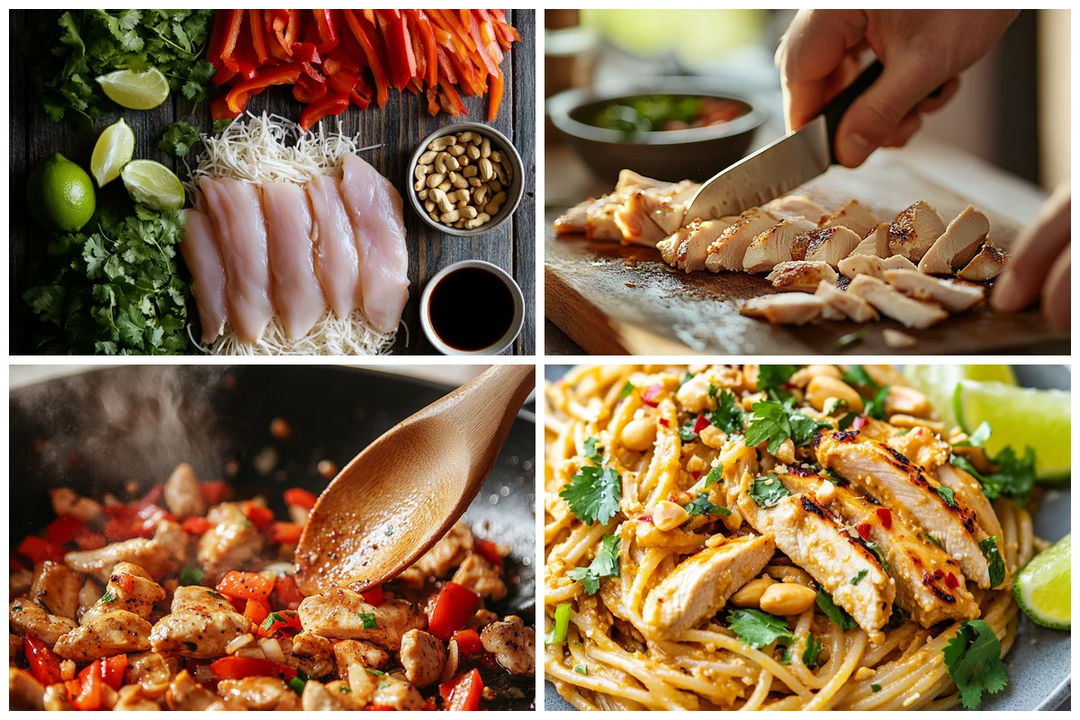 Spicy Thai peanut chicken pasta with creamy golden sauce coating tender noodles and chicken pieces in white ceramic dish