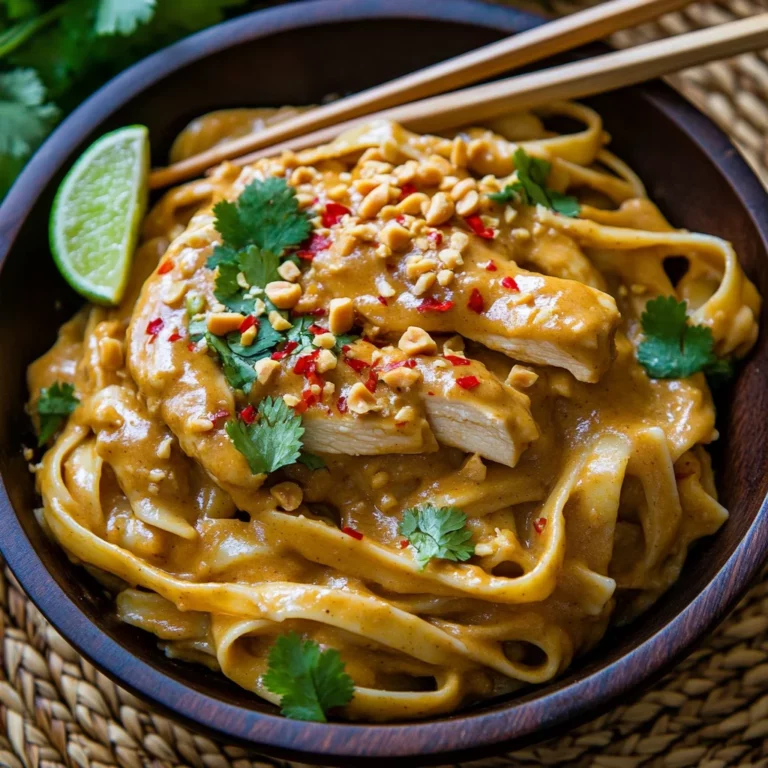 creamy spicy Thai peanut chicken pasta with glossy sauce coating noodles, golden chicken pieces, and fresh cilantro garnish