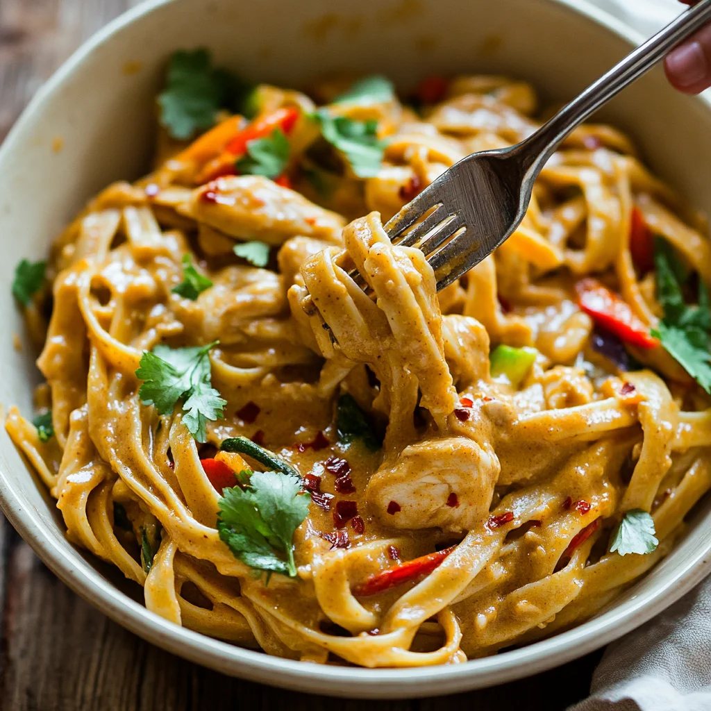 creamy spicy Thai peanut chicken pasta with glossy sauce, roasted chicken, and fresh herbs in a white ceramic dish