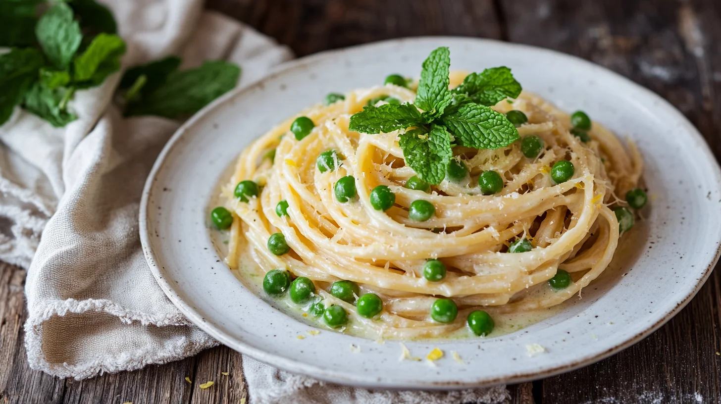 Creamy spring pea and mint pasta with fresh peas, bright green herbs, and parmesan cheese in a white bowl