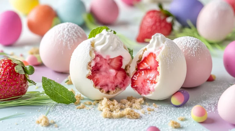 Strawberry Shortcake Easter Egg Bombs on a plate, showcasing vibrant colors and creamy filling