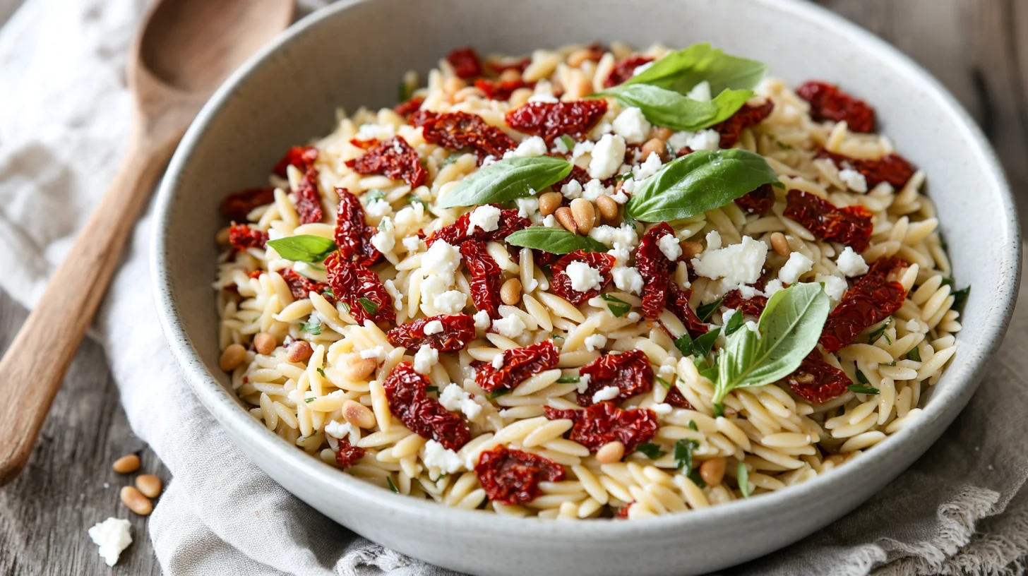 Bowl of Sun-Dried Tomato Orzo Salad with fresh basil and feta cheese