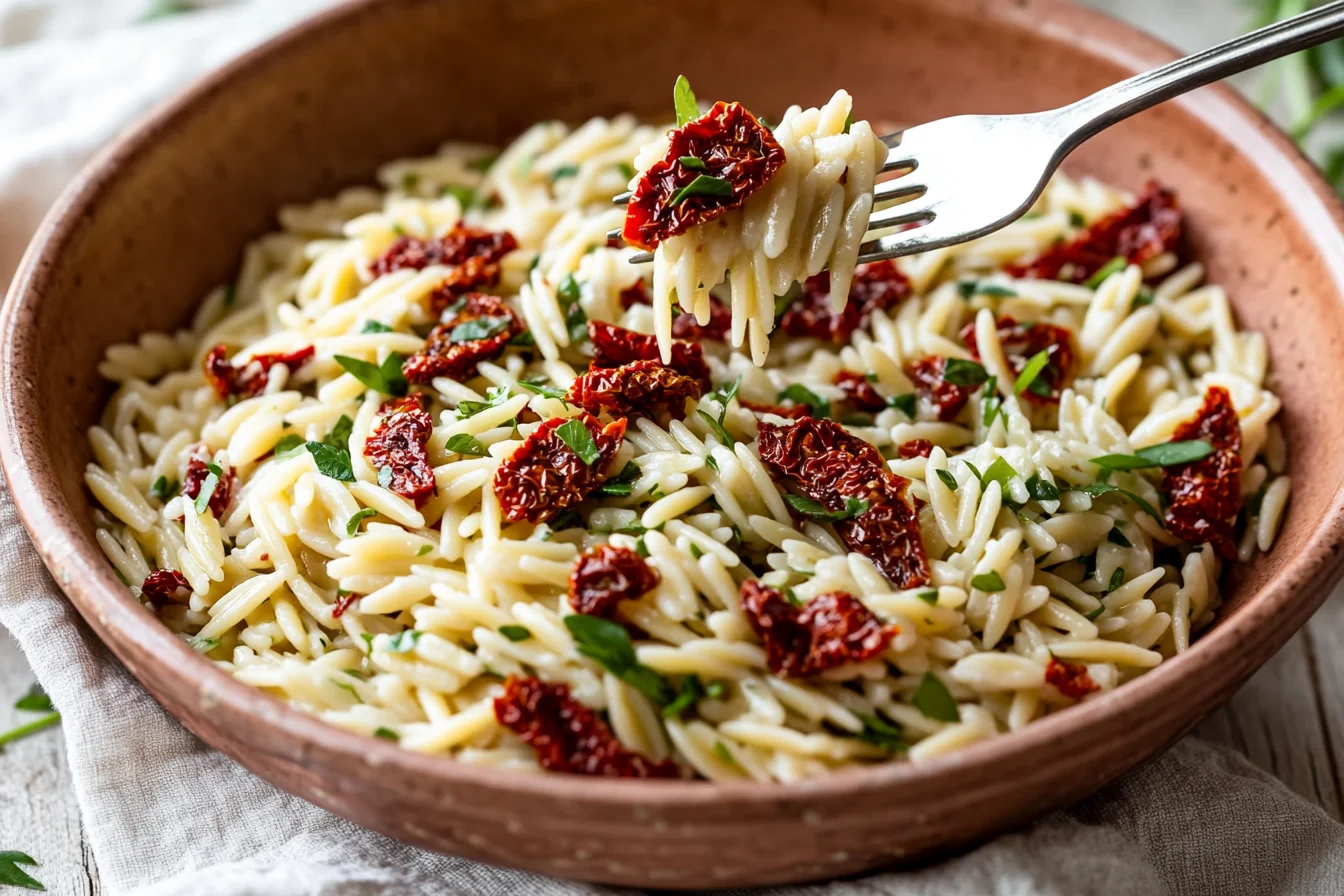 Sun-Dried Tomato Orzo Salad served in a bowl with fresh basil and feta cheese