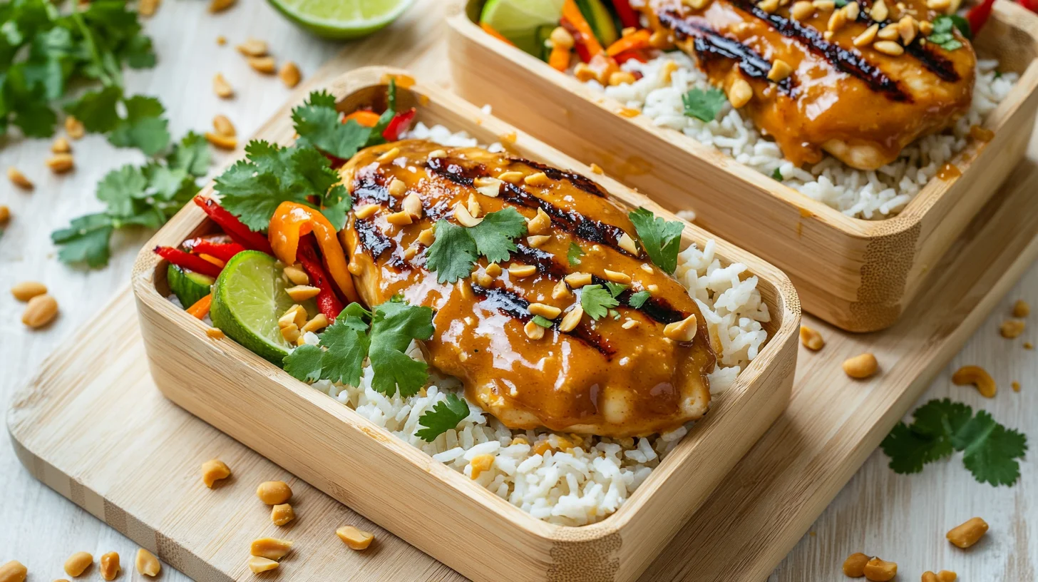 thai peanut chicken meal prep with colorful vegetables and creamy peanut sauce in meal prep containers