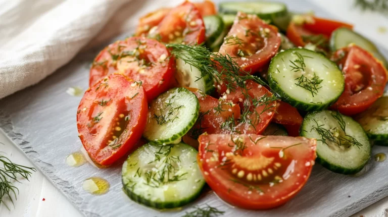 fresh tomato cucumber dill salad with crisp vegetables and herbs in a white bowl