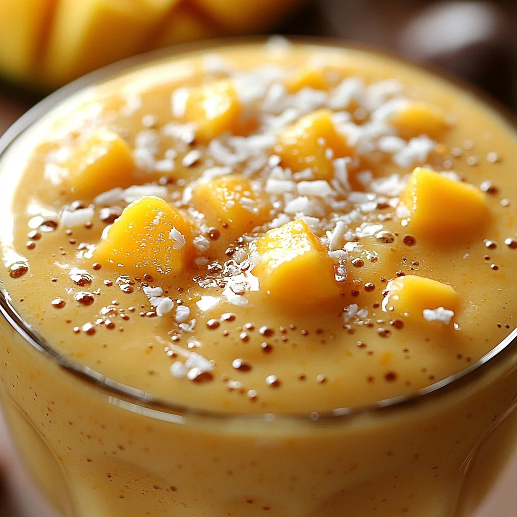 Creamy tropical mango smoothie in glass with golden orange color and glossy texture, garnished with fresh mint leaves