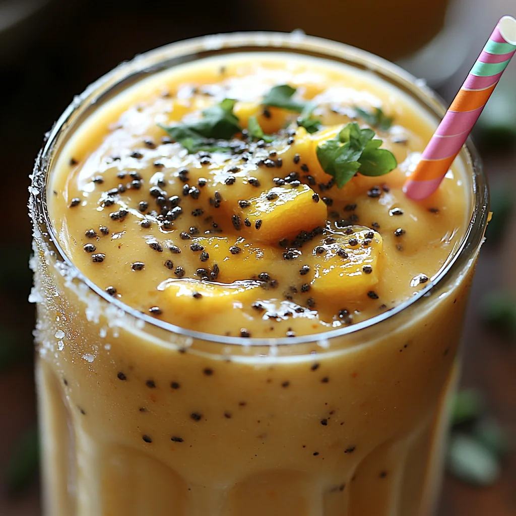 Creamy tropical mango smoothie in glass with golden orange color and fresh mango chunks garnished with mint leaves