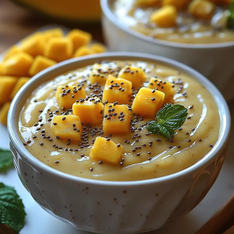 Tropical mango smoothie in glass with creamy golden texture, fresh mango chunks, and mint garnish on white surface