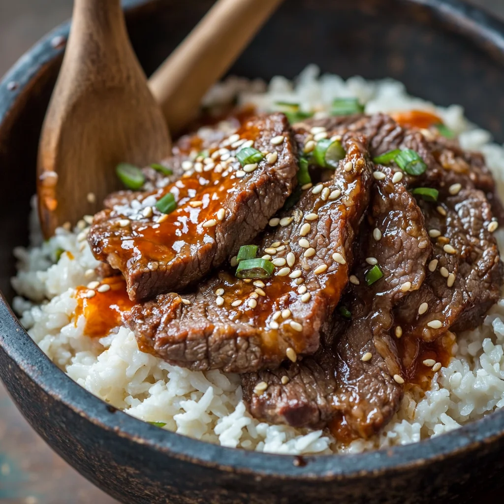 Korean BBQ beef rice bowl with glossy sauce, caramelized edges, and fresh green onion garnish