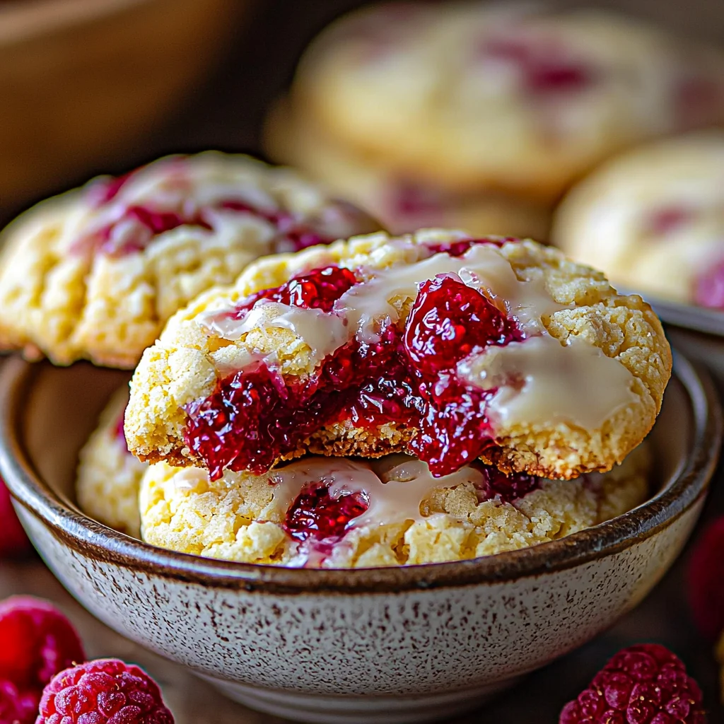 closeup of lemon raspberry cookies with cracked tops, jammy raspberry swirls, and citrus glaze dripping down the sides