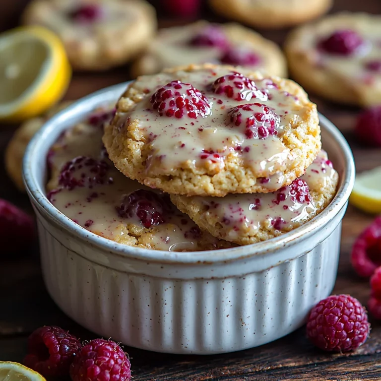 golden lemon raspberry cookies with cracked tops and fresh raspberries peeking through, drizzled with glaze