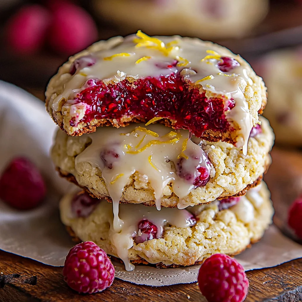 freshly baked lemon raspberry cookies with golden edges and jammy raspberry centers on a white ceramic plate