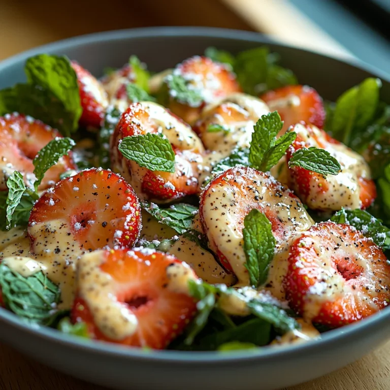 creamy strawberry crackle salad in a white ceramic dish, topped with fresh herbs and golden roasted edges, perfect for summer