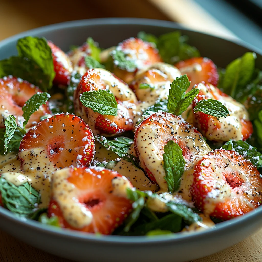 creamy strawberry crackle salad in a white ceramic dish, topped with fresh herbs and golden roasted edges, perfect for summer