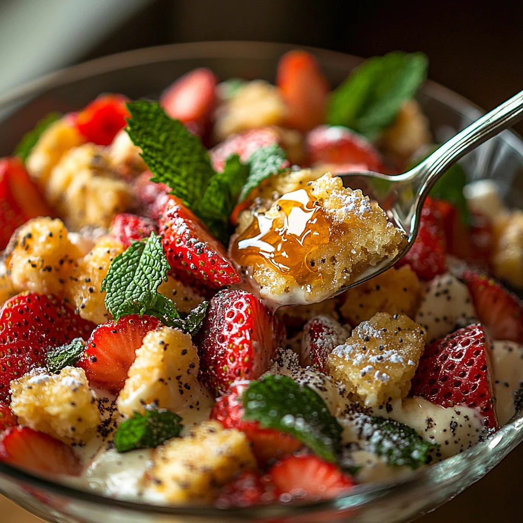 creamy strawberry crackle salad with golden roasted edges and fresh herbs in a white ceramic dish