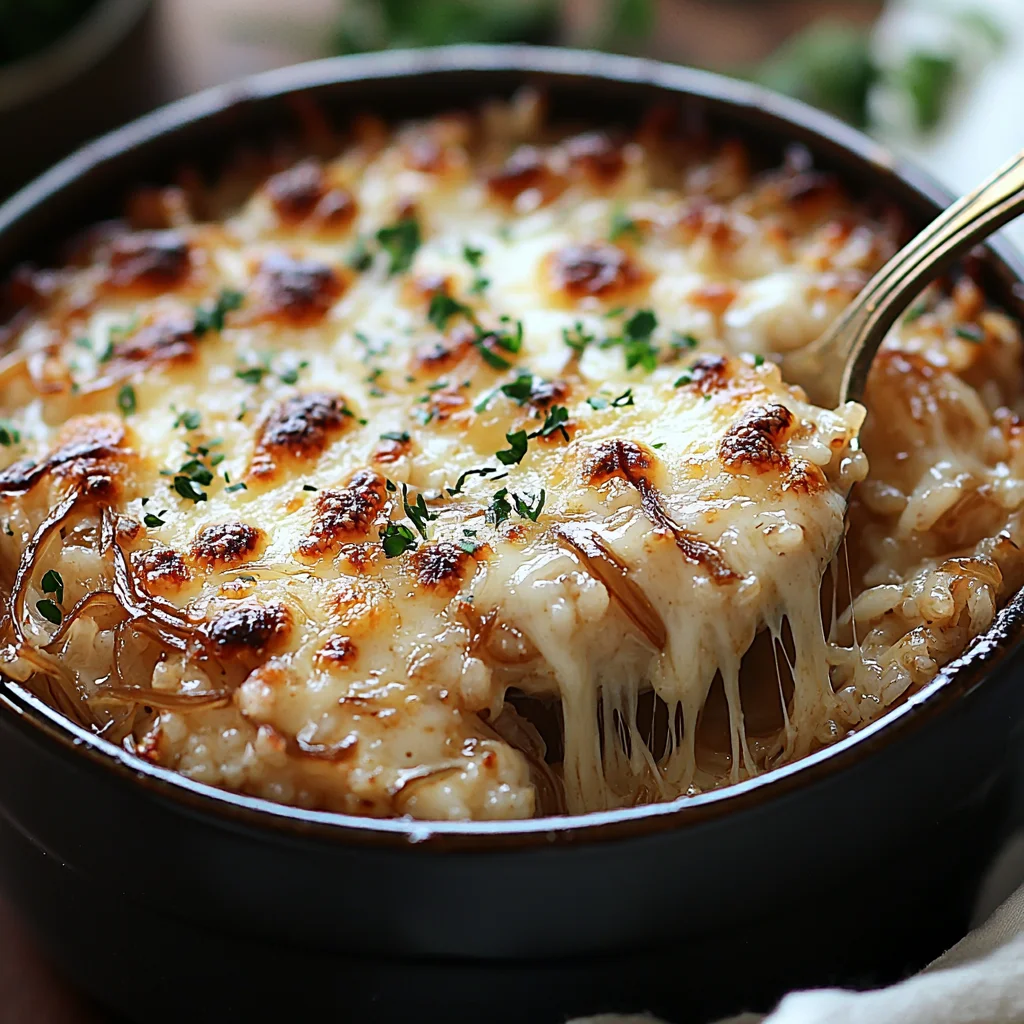 creamy buttery French onion rice with golden edges in a white ceramic dish, topped with fresh herbs