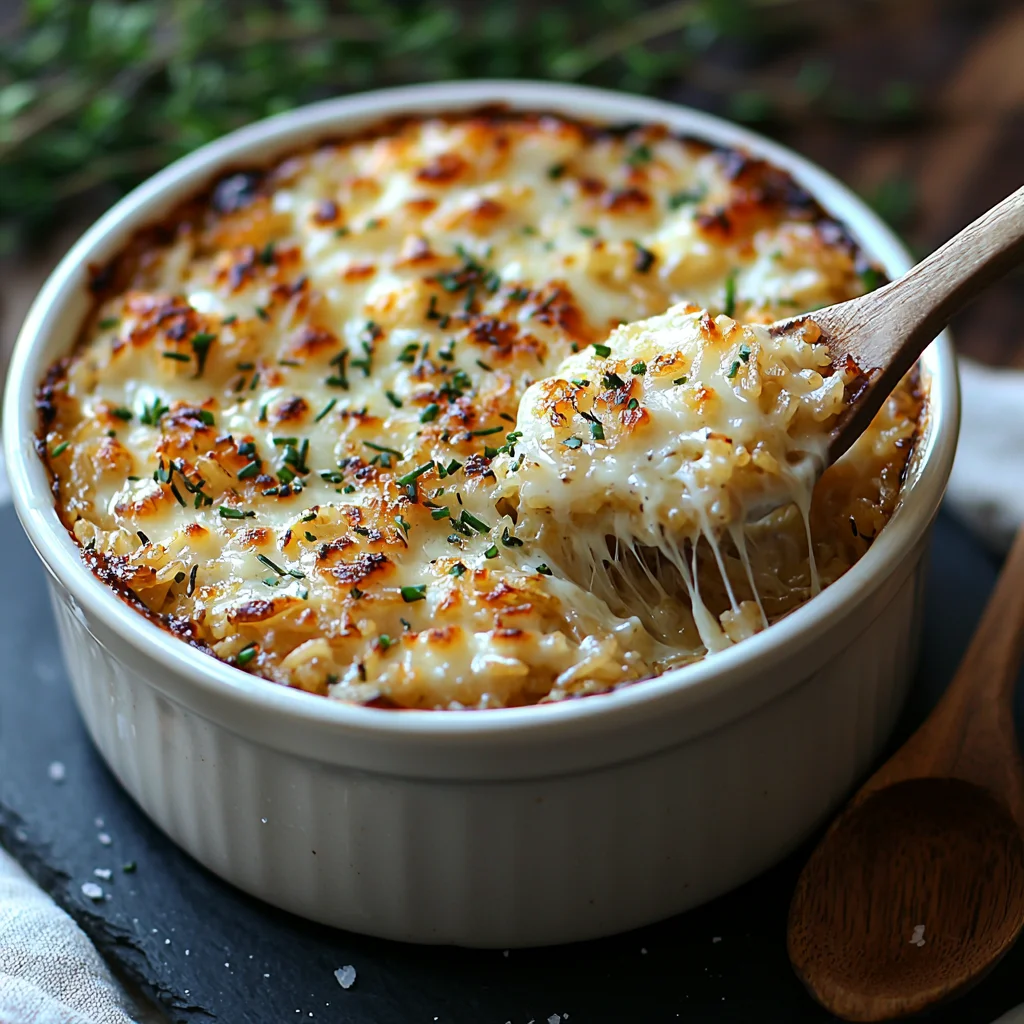 creamy buttery French onion rice in a white ceramic dish with golden edges and fresh parsley garnish