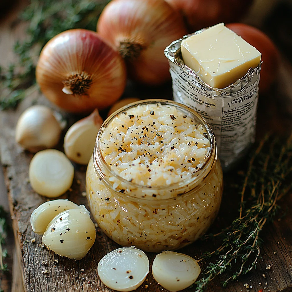 Buttery French onion rice with golden caramelized onions and creamy sauce in a white ceramic dish