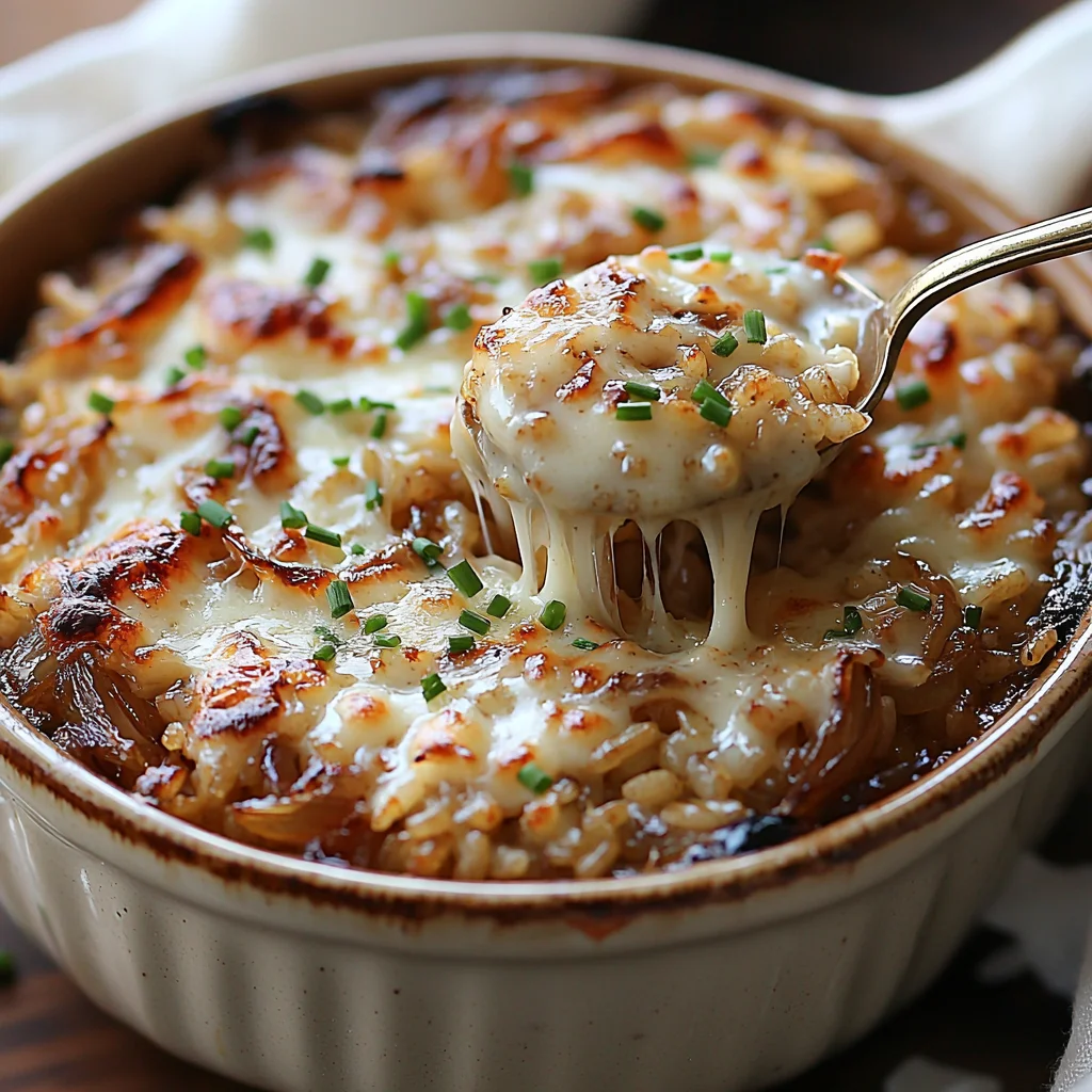 creamy buttery French onion rice in a white ceramic dish with golden edges and fresh herbs