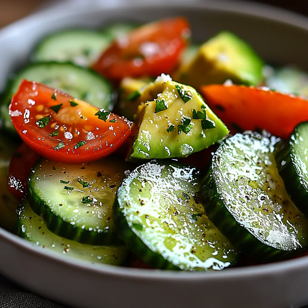 closeup of fresh cucumber tomato avocado salad with creamy dressing and vibrant colors