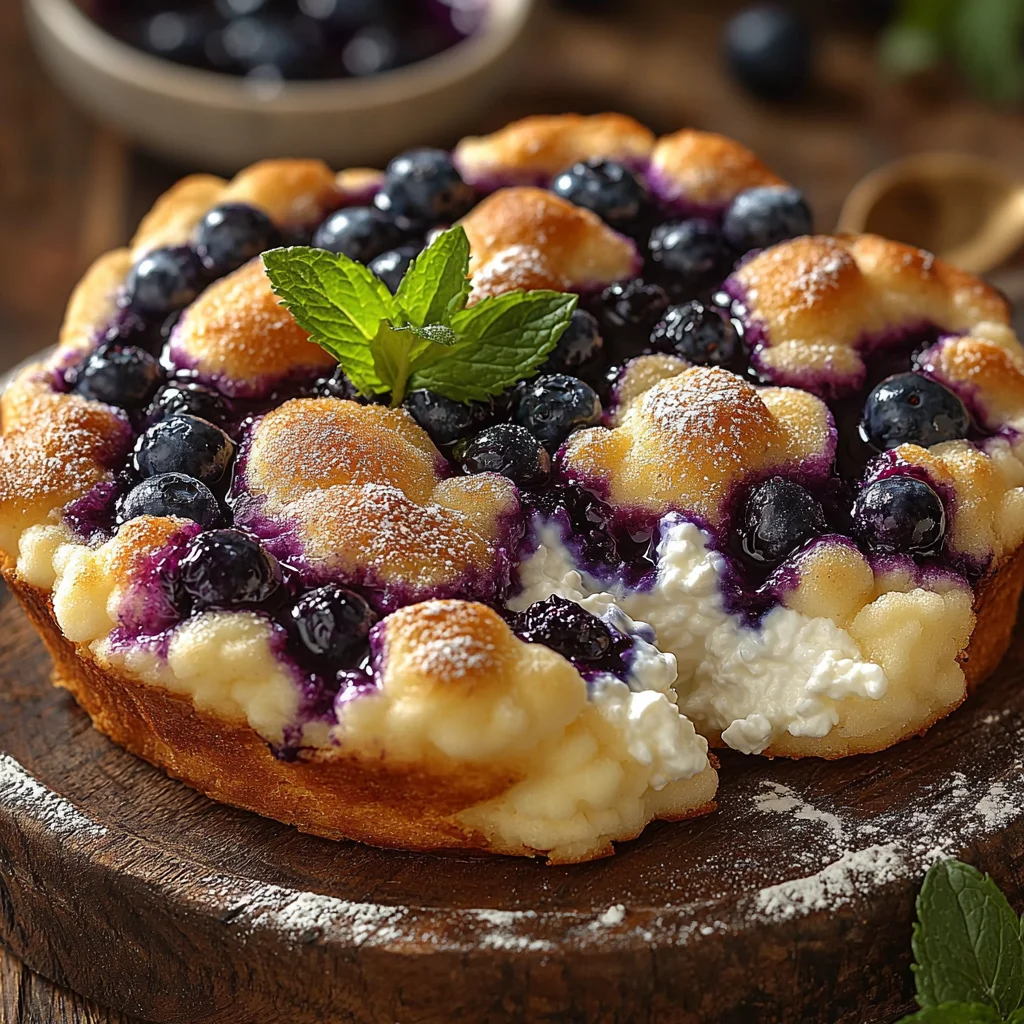 golden fluffy cottage cheese blueberry cloud bread with fresh blueberries, glossy glaze, and powdered sugar dusting