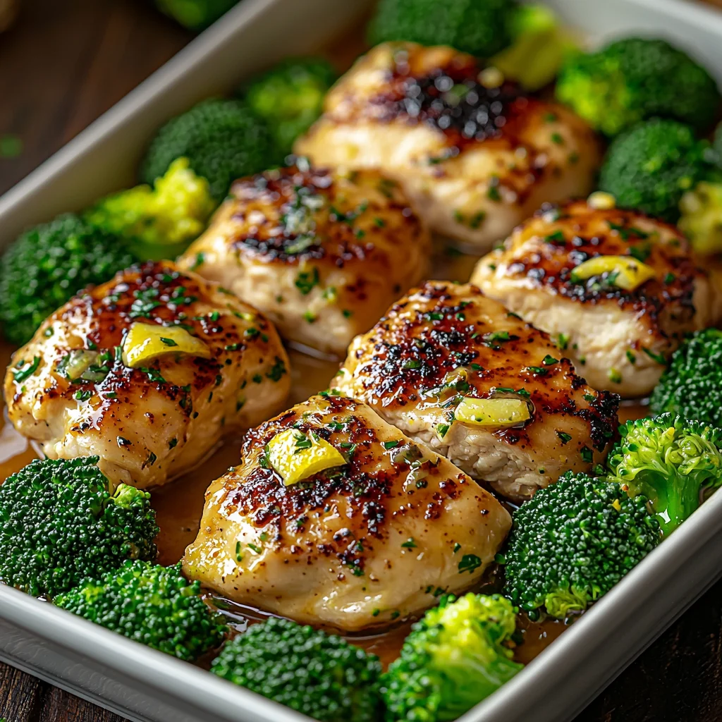 closeup of cowboy butter lemon chicken broccoli with creamy sauce coating tender chicken and golden roasted broccoli