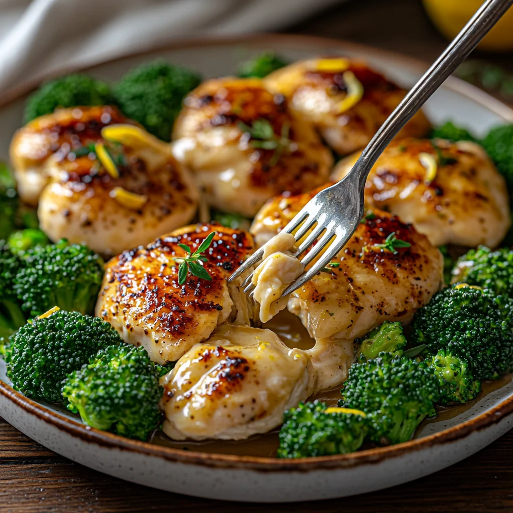 cowboy butter lemon chicken broccoli served in a white ceramic dish with glossy sauce coating golden chicken and broccoli