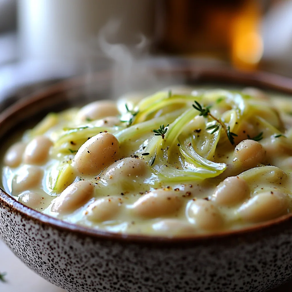 creamy butter beans with leeks in a white ceramic dish, golden edges, glossy sauce, and fresh herbs sprinkled on top