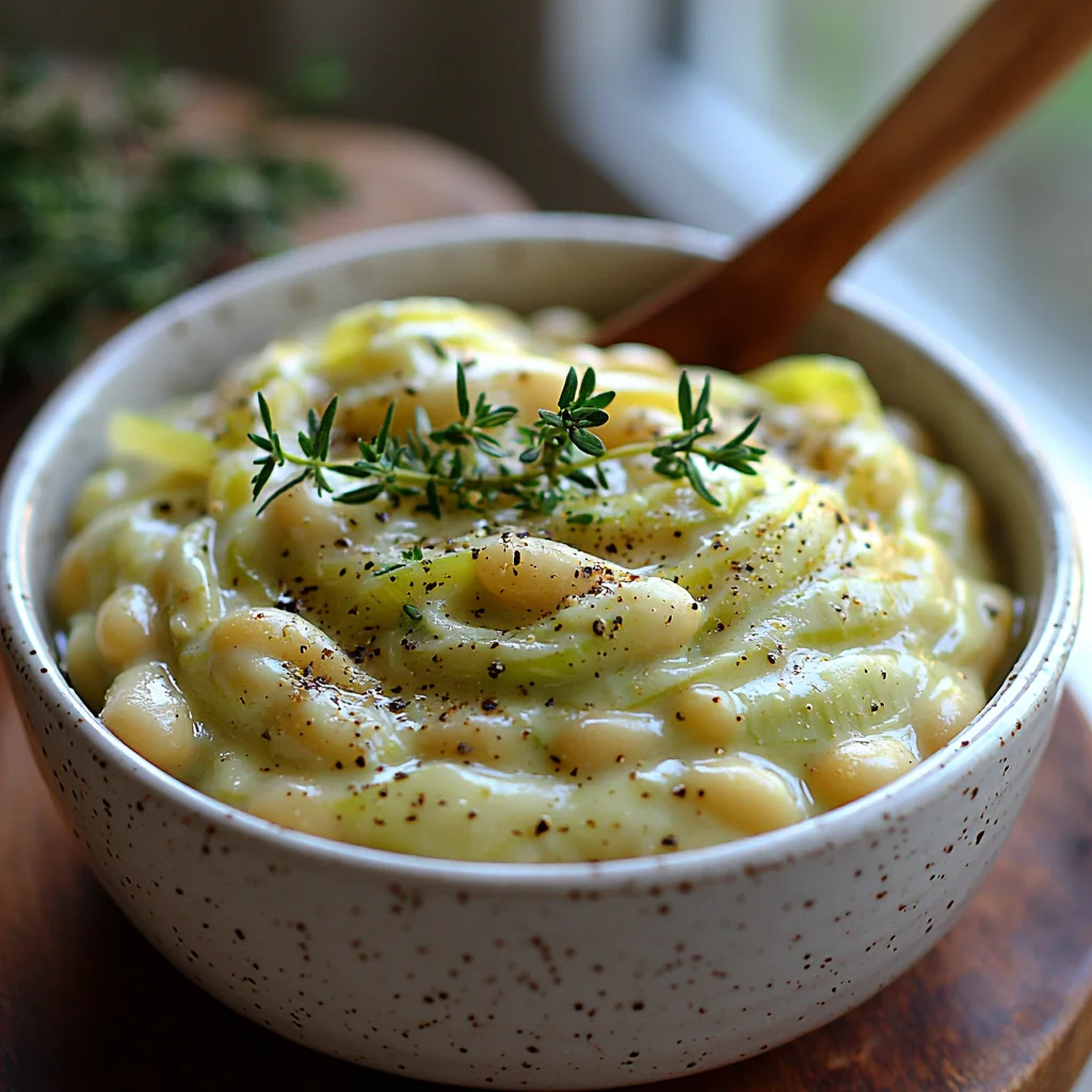 creamy butter beans with leeks in a white ceramic dish, glossy sauce coating tender beans with golden edges and fresh herbs