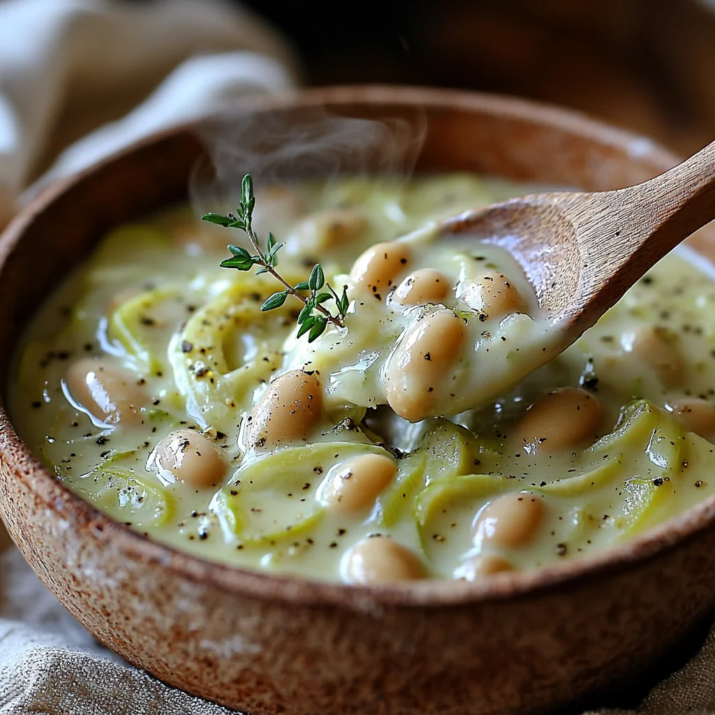 creamy butter beans with leeks in a white ceramic dish, glossy sauce coating the tender beans with golden edges and fresh her