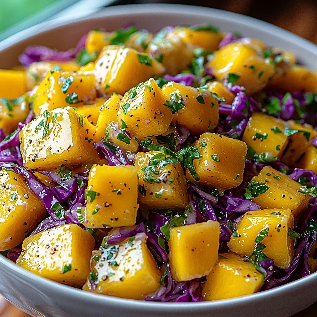 closeup of creamy mango slaw with shredded cabbage, fresh herbs, and glossy dressing