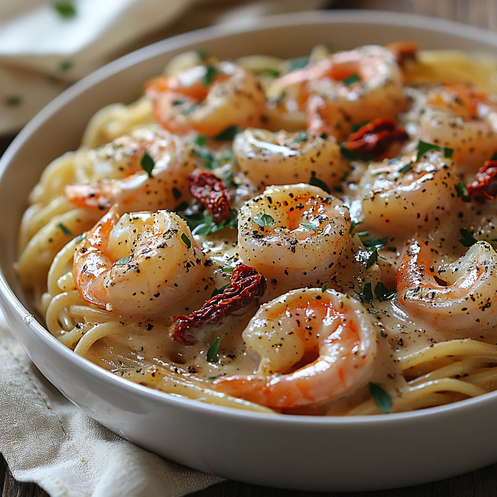 Creamy Tuscan Shrimp Pasta in a white dish with a glossy sauce and fresh herbs