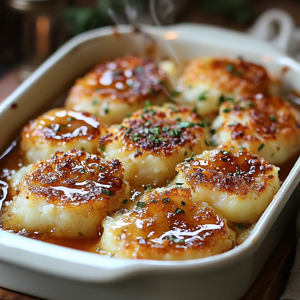 Golden crispy smashed potatoes with glossy herb coating and caramelized edges in white ceramic dish