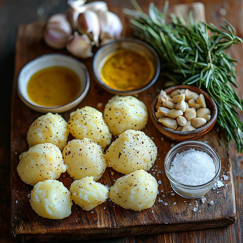 Golden crispy smashed potatoes with glossy herb-infused sauce dripping over roasted edges in white ceramic dish
